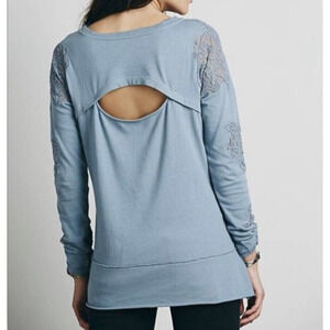Free People Outer Sunset Grandpa Jersey Lace Inset Long Sleeve Top Blue, Small